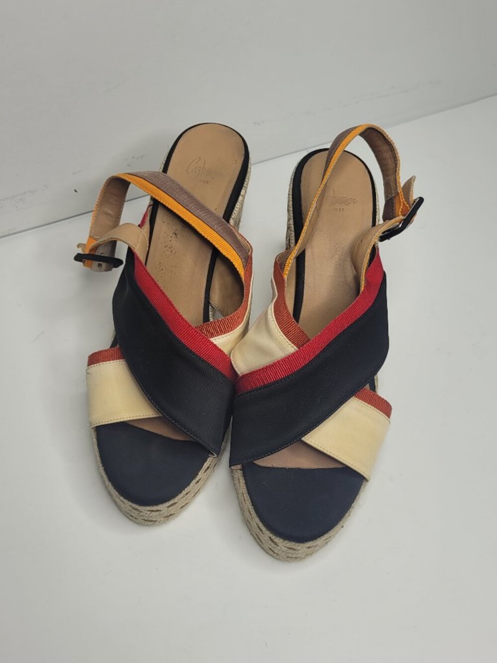 Castaner Blue Red Wedge Heel Strappy Sandals Espadrille size 39